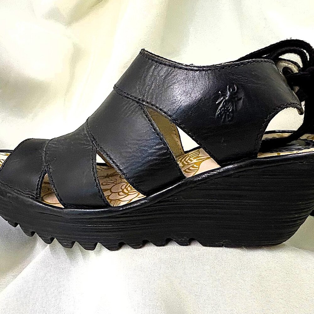 Fly London black leather wedges